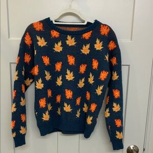 Leaf Patterned Sweater - Navy and Orange 🍁🍂